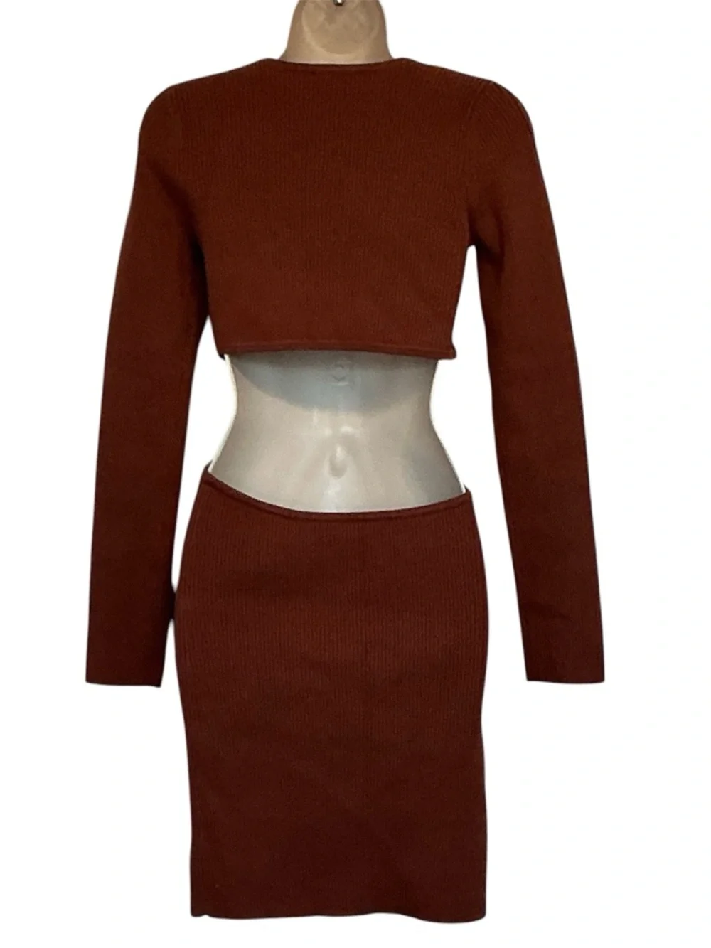 NWT Cotton Cotton LA Brown Cutout Long Sleeve Bodycon Sweater Dress Size L - Picture 3 of 7